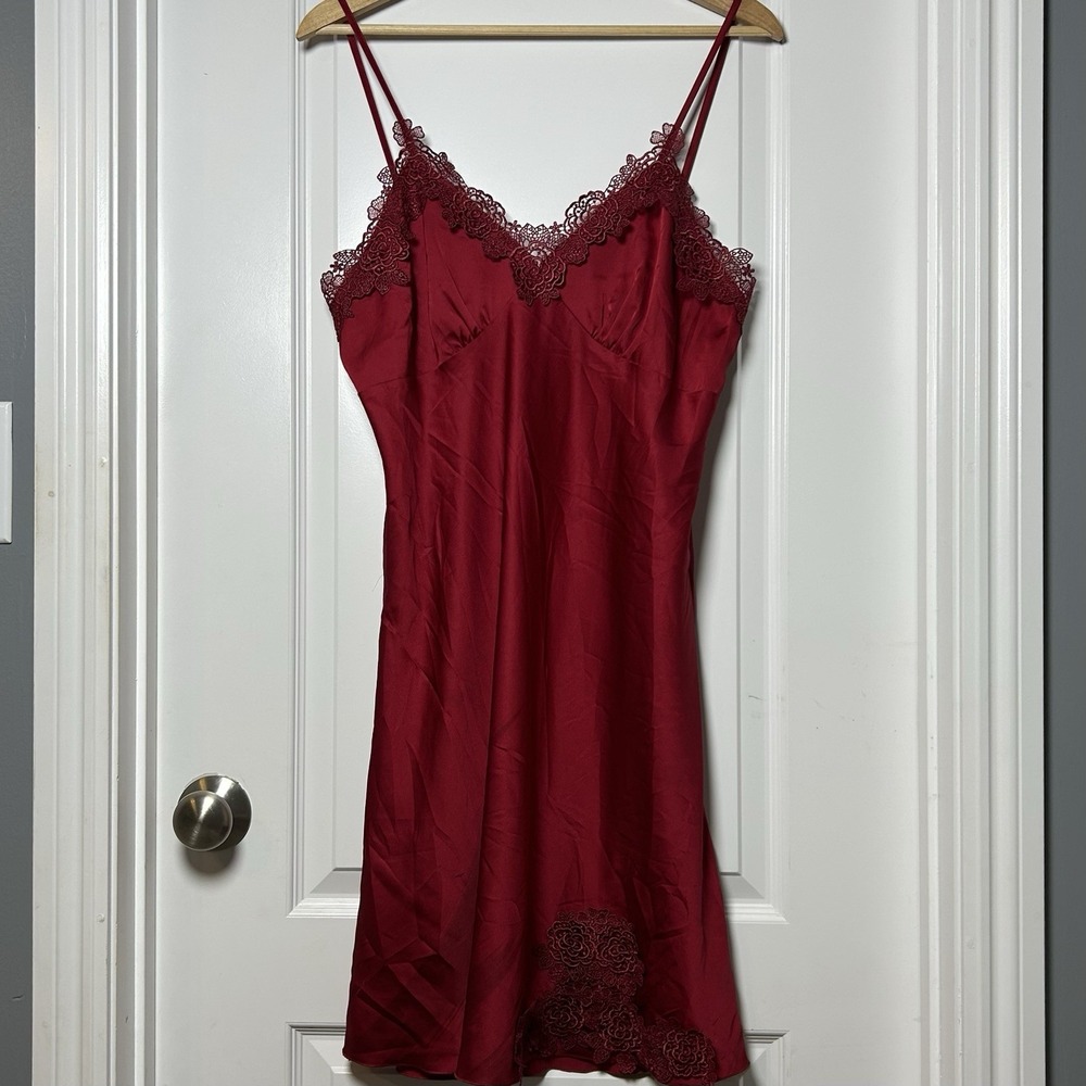 Allegra K Burgundy Satin Floral Lace Trim‎ V-Neck Slip Mini Dress Lovecore Style